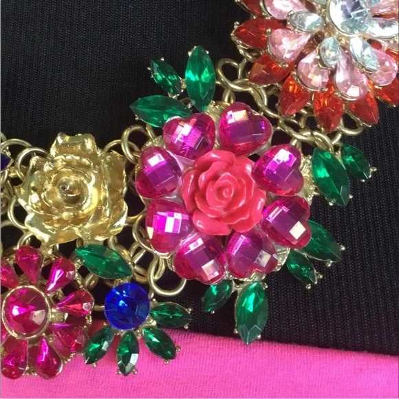 💖See New Listing💖 Rhinestone Floral Blue Pink Red Chunky Bib Statement Necklac - Picture 7 of 8